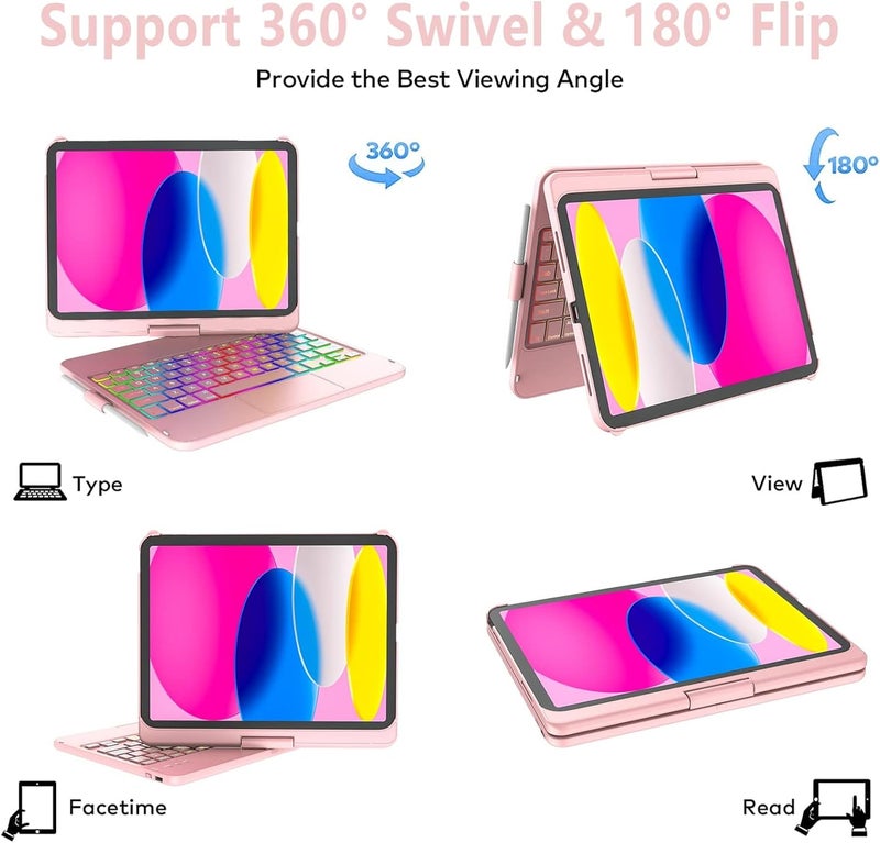 Cc Store for iPad (A16) 11th 10th Generation Case with Keyboard - 7 Color Backlit 360° Swivel Multi-Touch Track Pencil Holde for iPad 11-inch A16 2025 10th Gen 10.9 Inch 2022(Rose Gold) - Image 4